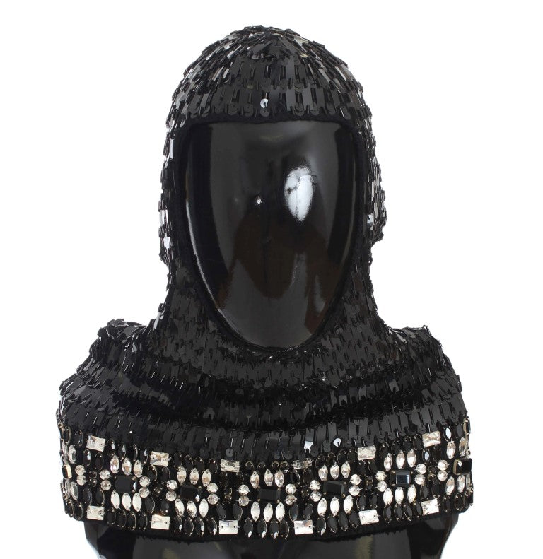 Black Knitted Wool Crystal Beaded Hood Scarf Hat