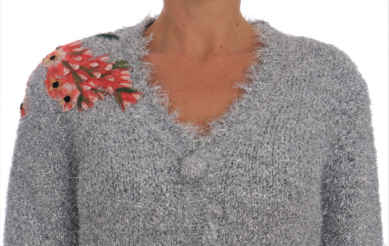 Silver Cardigan Floral Applique Sweater