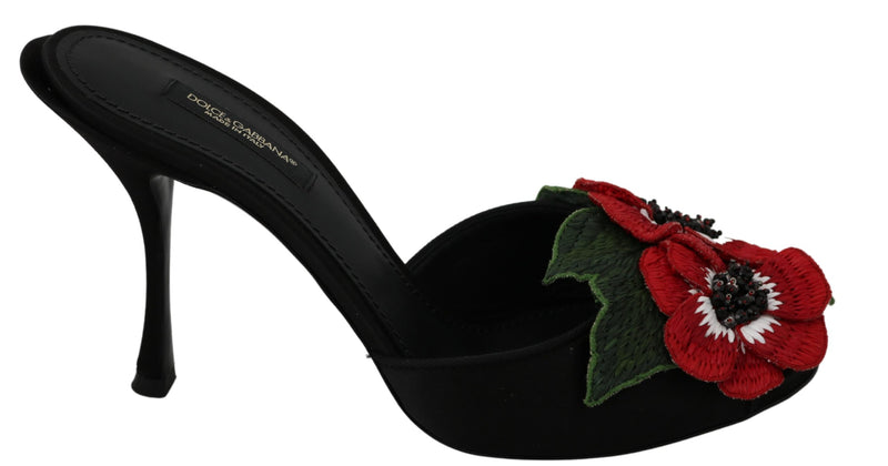 Black Red Roses Heels Slides Sandals