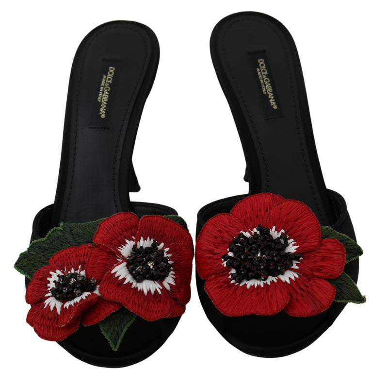 Black Red Roses Heels Slides Sandals