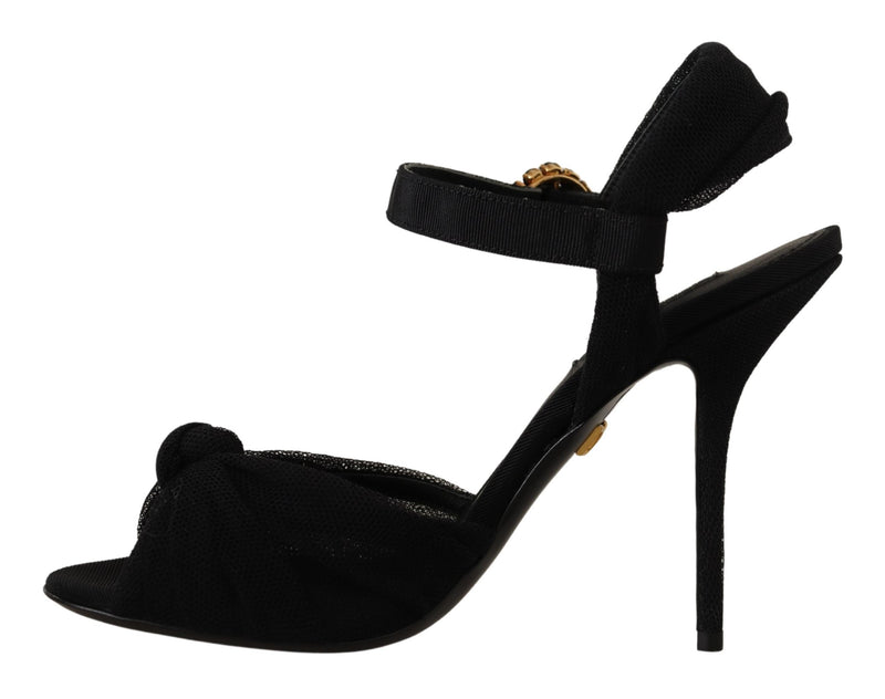 Black Tulle Stretch Ankle Buckle Strap Shoes