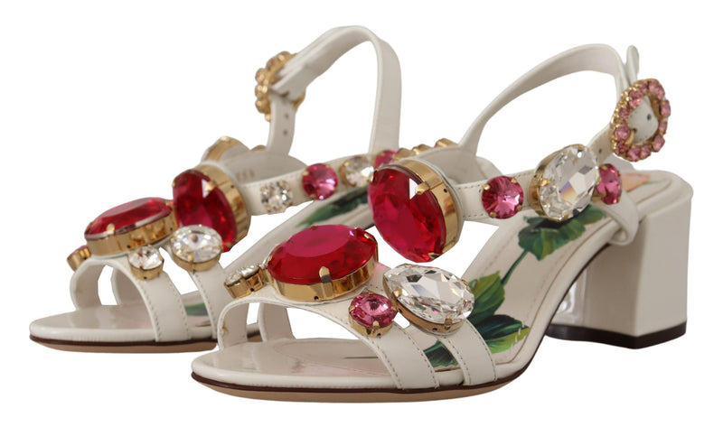White Leather Roses Crystal Shoes Sandals
