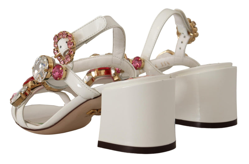 White Leather Roses Crystal Shoes Sandals