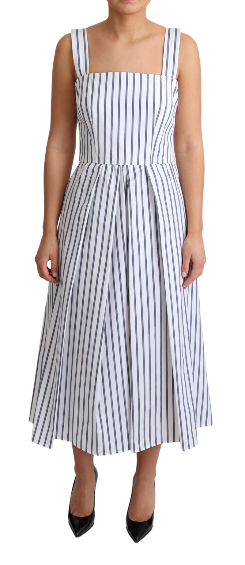 White Blue Striped Cotton A-Line Dress