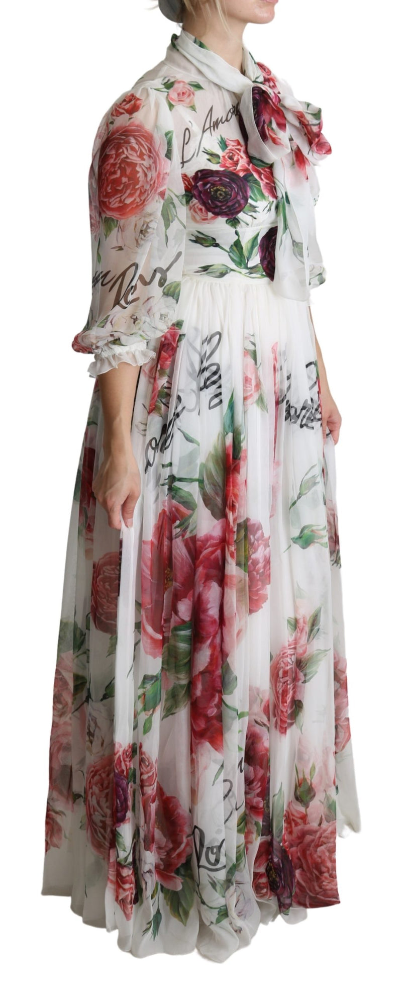 White Floral Rose Silk Print Floor Length Dress