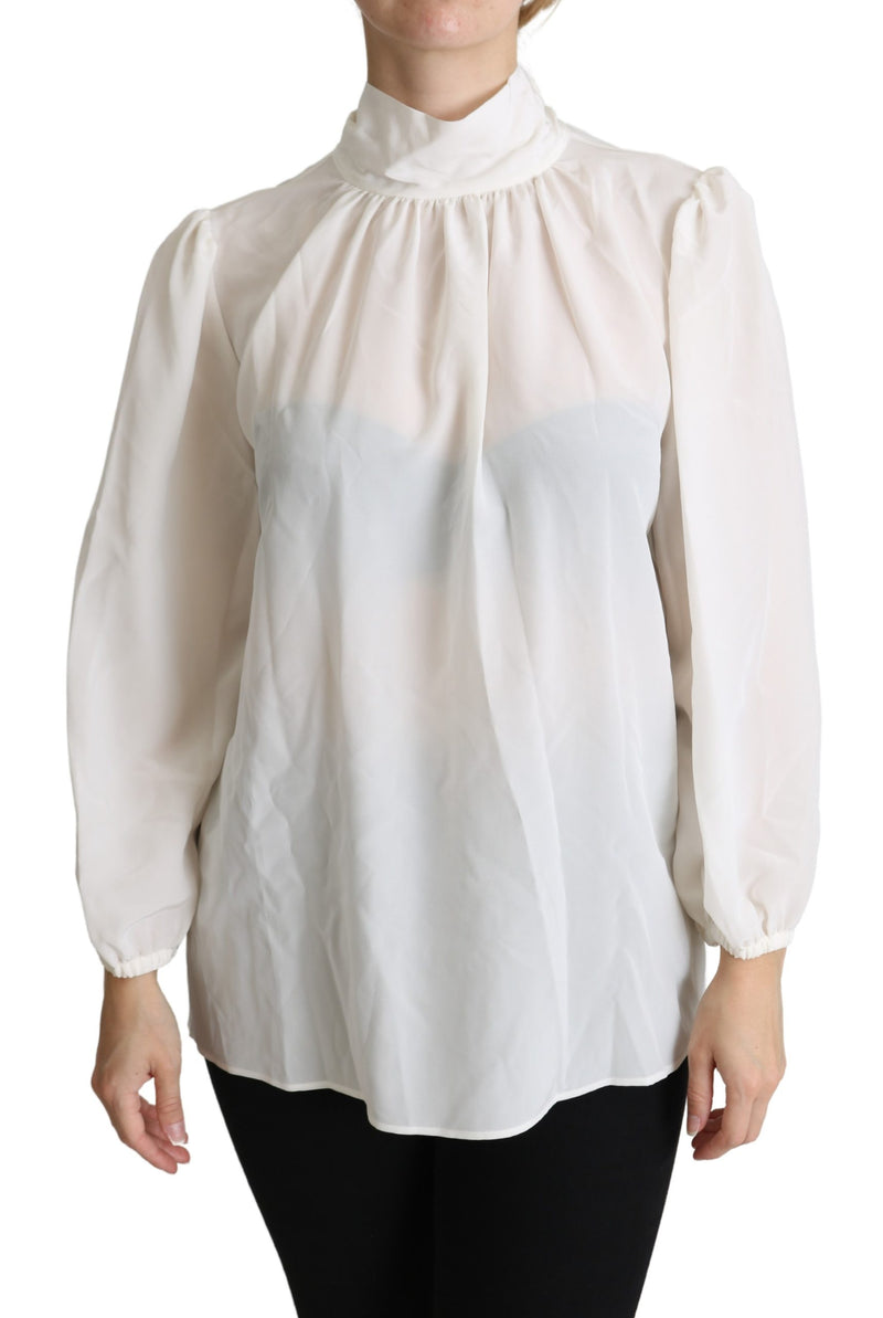 White Silk Pussy Bow Long Sleeved Top Blouse