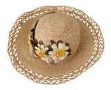 Beige Wide Brim Floral Bucket Capello Hat