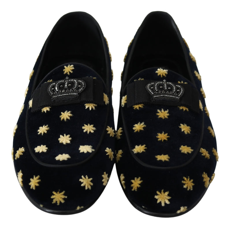 Blue Velvet Crown Slippers Loafers Shoes