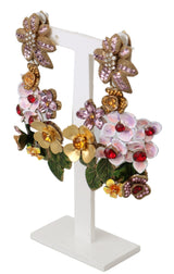 Gold Crystal Floral Filigree Bouquet Dangling Clip-on Earrings