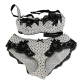 White Black Dot Silk Lace Stretch Set Underwear