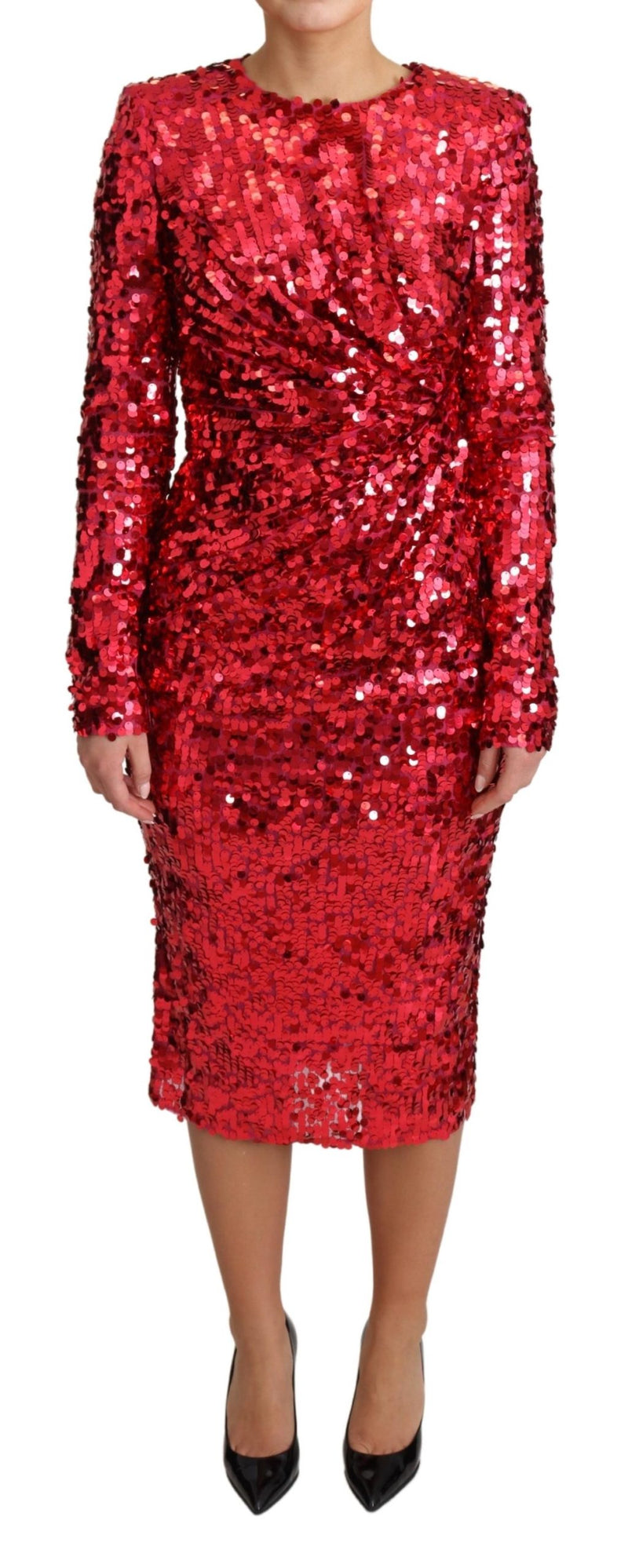 Red Sequin Sheath Long Sleeves Midi Dress