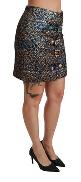 Gold Blue Jacquard Crystal Mini Skirt