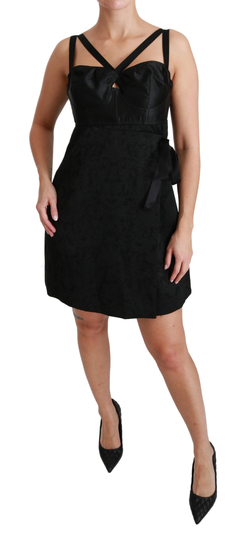 Black Stretch Satin Jacquard Mini Dress