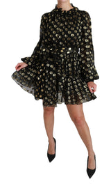 Black Gold Lurex Polka Dots Silk Flared Dress