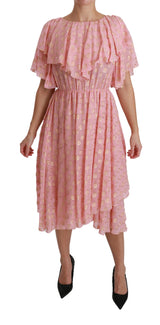 Silk Pink Polka Dots Pleated A-line Midi Dress