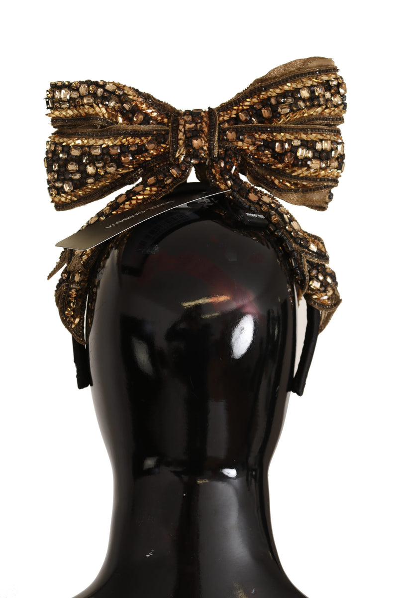 Gold Crystal Beaded Sequined Silk Bow Headband Diadem