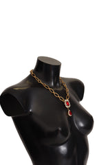 Gold Brass Chain Red Crystal Pendant Statement Necklace