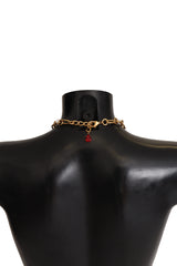 Gold Brass Chain Red Crystal Pendant Statement Necklace