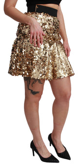 Gold Sequined High Waist A-line Mini Skirt