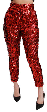 Red Sequined Cropped Trousers Pants