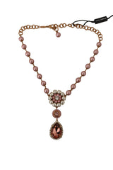 Gold Tone Brass Pink Beaded Pearls Crystal Pendant Necklace