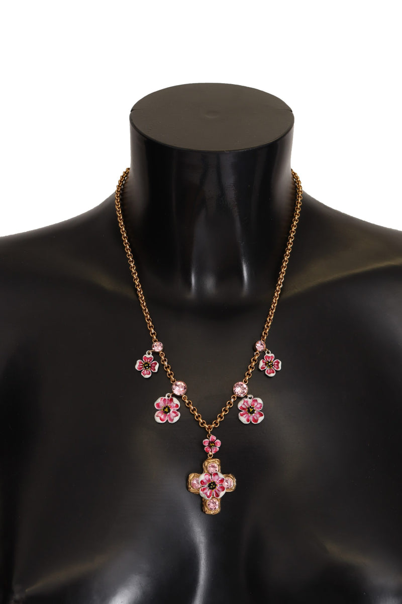 Gold Tone Brass Cross Chain Pink Crystal Pendant Necklace