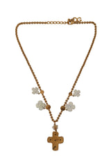 Gold Tone Brass Cross Chain Pink Crystal Pendant Necklace