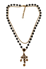Gold Tone Brass Cross Chain Black Crystal Beaded Necklace