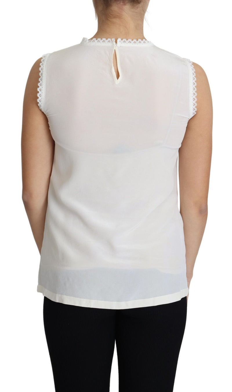White Blouse Silk Lace Trimmed Sleeveless Top