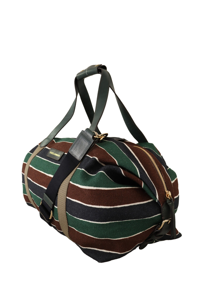 Brown Green Striped Linen Leather Gym Travel Shoulder Bag