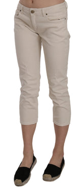 Beige Cotton Stretch Low Waist Skinny Cropped Capri Jeans - Avaz Shop