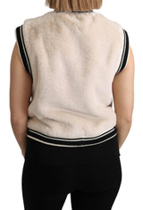 Beige Fur Sleeveless Vest Polyester Top - Avaz Shop