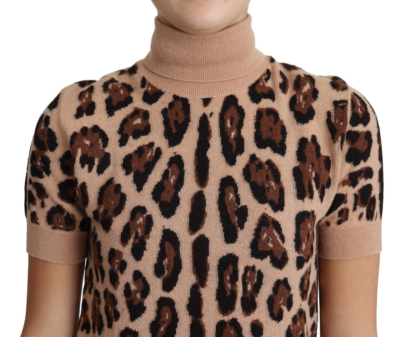 Beige Leopard Print Virgin Wool Turtleneck Top - Avaz Shop