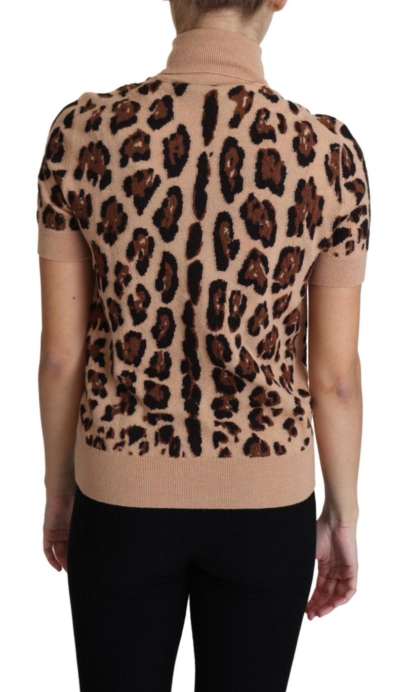 Beige Leopard Print Virgin Wool Turtleneck Top - Avaz Shop