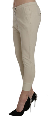 Beige Mid Waist 100% Cotton Skinny Cropped Pants - Avaz Shop