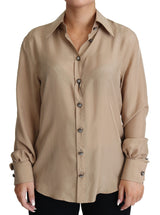 Beige Silk Shirt Decorative Buttons Top - Avaz Shop