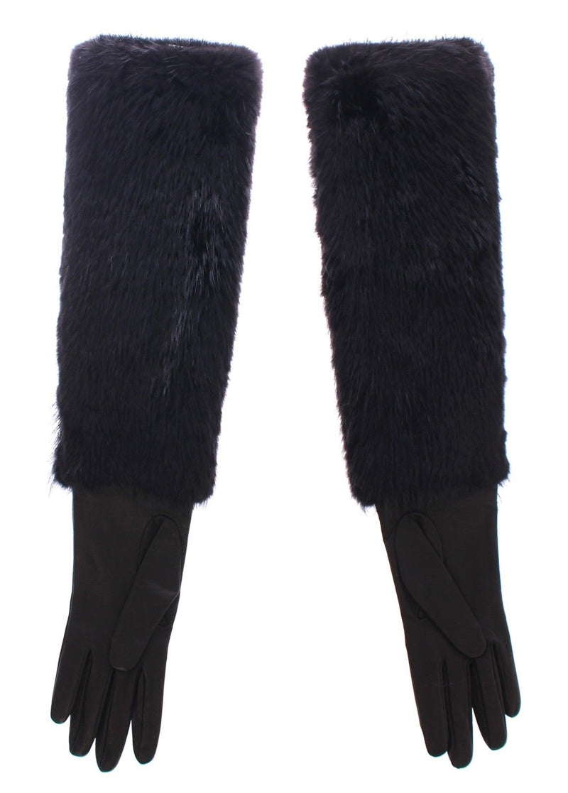 Black Beaver Fur Lambskin Leather Elbow Gloves - Avaz Shop