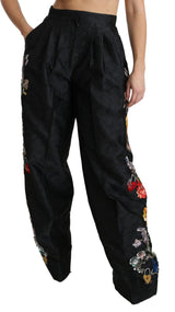 Black Brocade Floral Sequined Beaded Pants - Avaz Shop