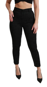 Black Brocade Skinny High Waist Pants - Avaz Shop
