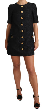 Black Button Embellished Jacquard Mini Dress - Avaz Shop