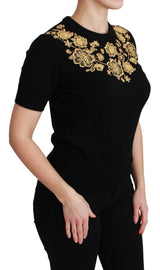 Black Cashmere Gold Floral Sweater Top - Avaz Shop