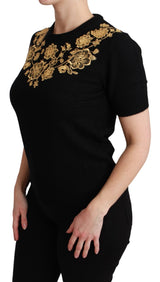 Black Cashmere Gold Floral Sweater Top - Avaz Shop