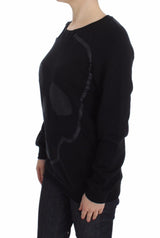 Black Cotton Motive Print Crewneck Pullover Sweater - Avaz Shop