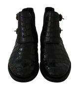 Black Crocodile Leather Derby Boots Shoes - Avaz Shop