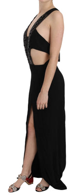 Black Crystal Leather Gown Flare Dress - Avaz Shop