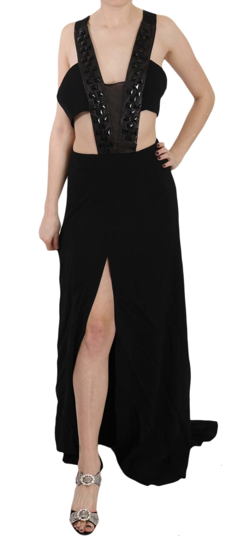Black Crystal Leather Gown Flare Dress - Avaz Shop