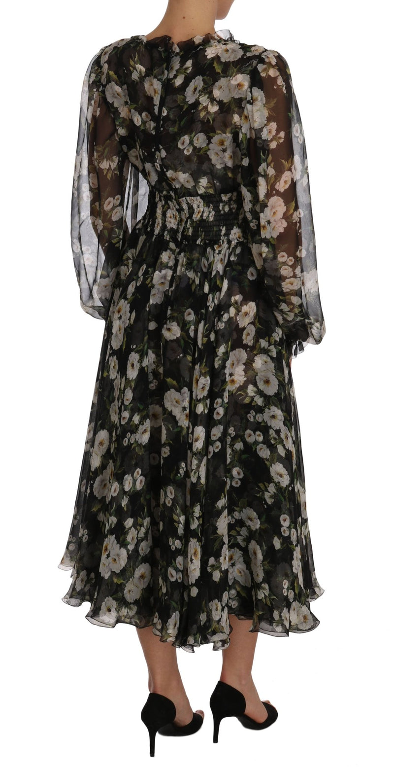 Black Daisy Floral Silk Shift A-Line Dress - Avaz Shop