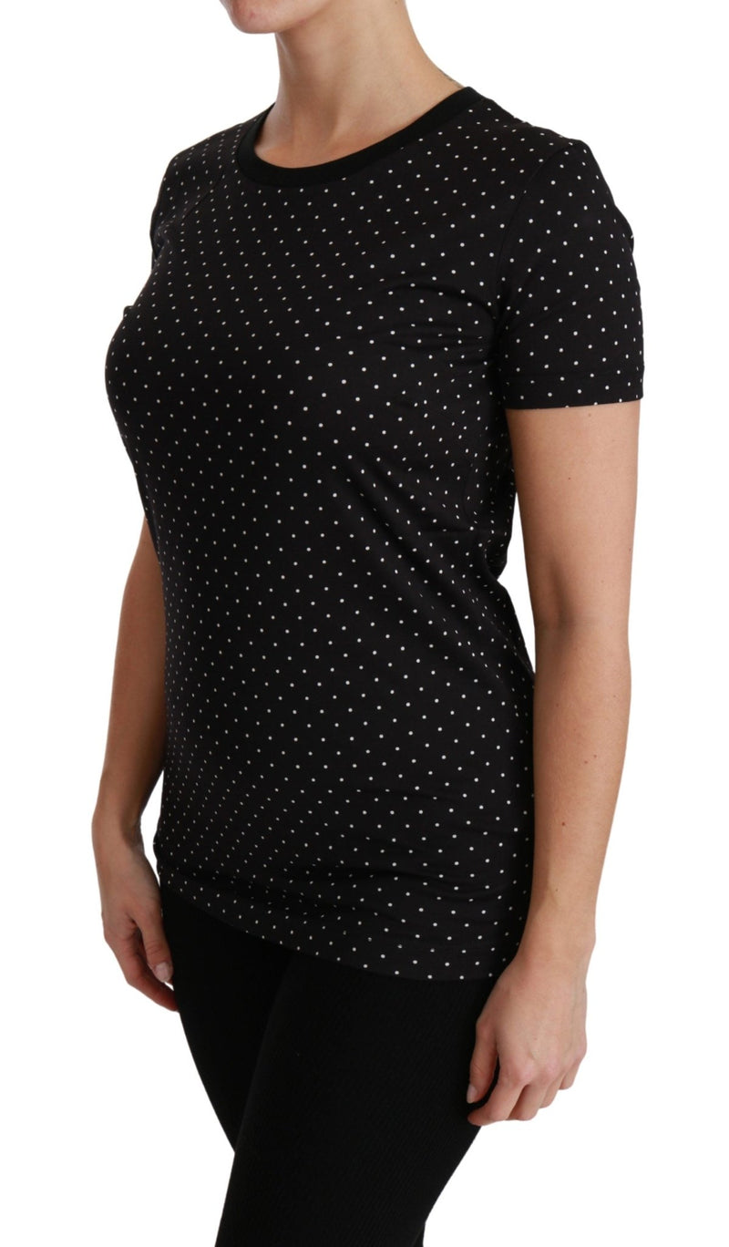 Black Dotted Crewneck Cotton Top T-shirt - Avaz Shop