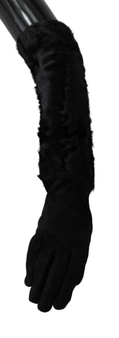 Black Elbow Length Mitten Suede Fur Gloves - Avaz Shop