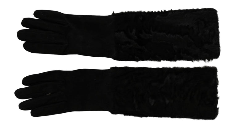Black Elbow Length Mitten Suede Fur Gloves - Avaz Shop